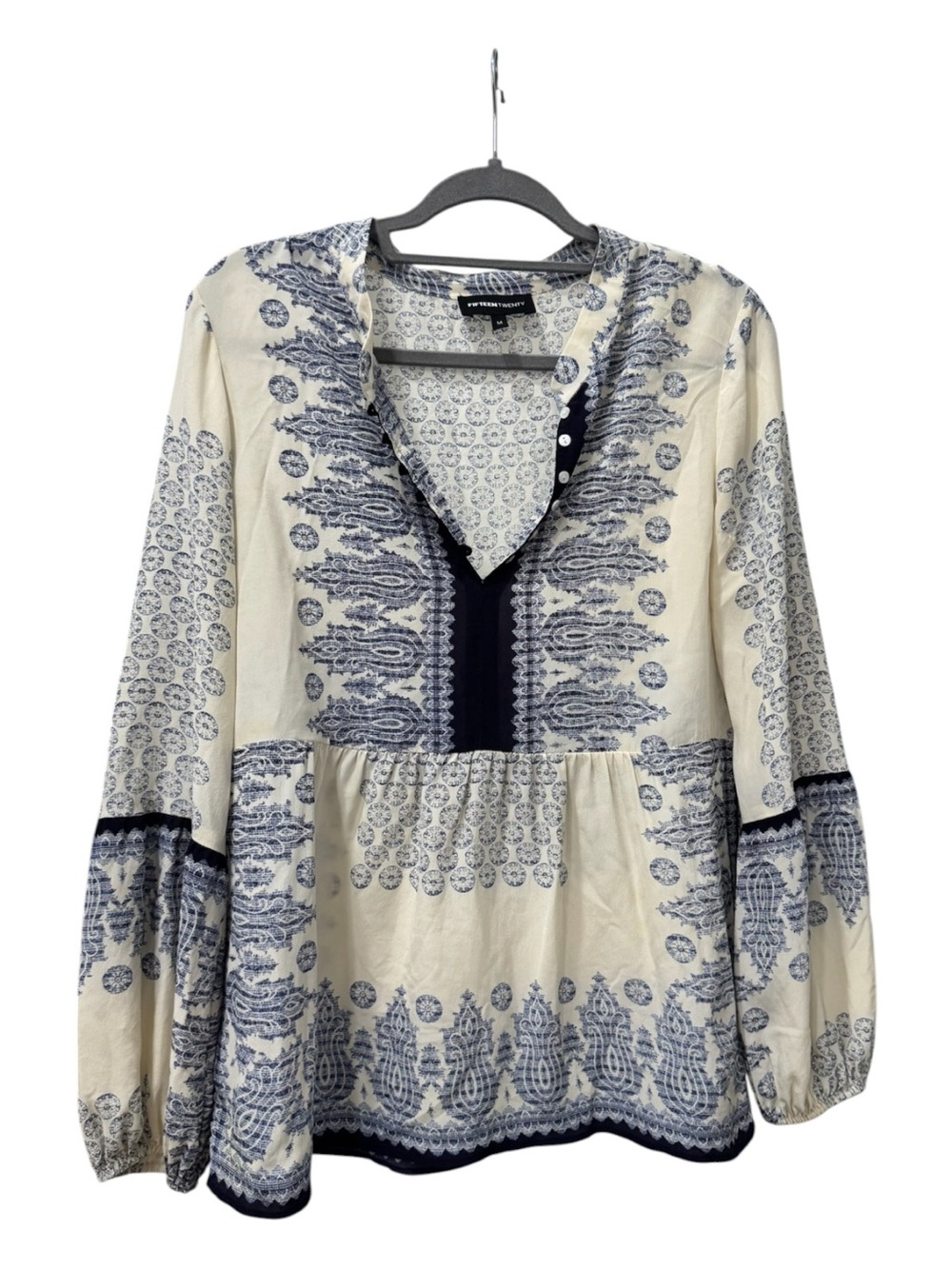 Fifteen Twenty 100% Silk Blue Ivory Boho Print Tunic Blouse size Medium - Picture 1 of 7